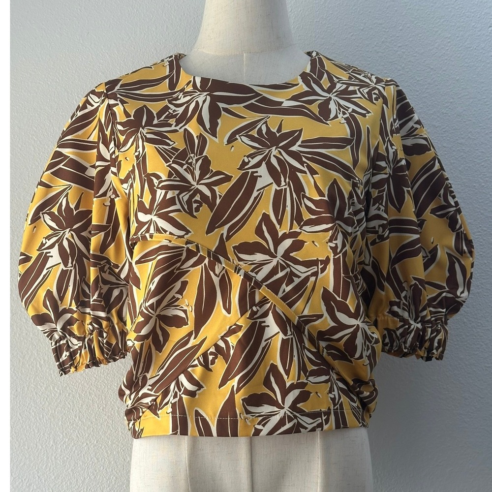 NWT I.Madeline Blouse Womens Small Yellow Floral Puff Sleeve Tropical Boho Retro